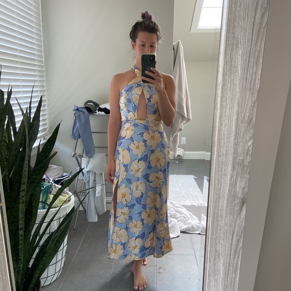 Floral Halter Neck Dress in Blue and Yellow